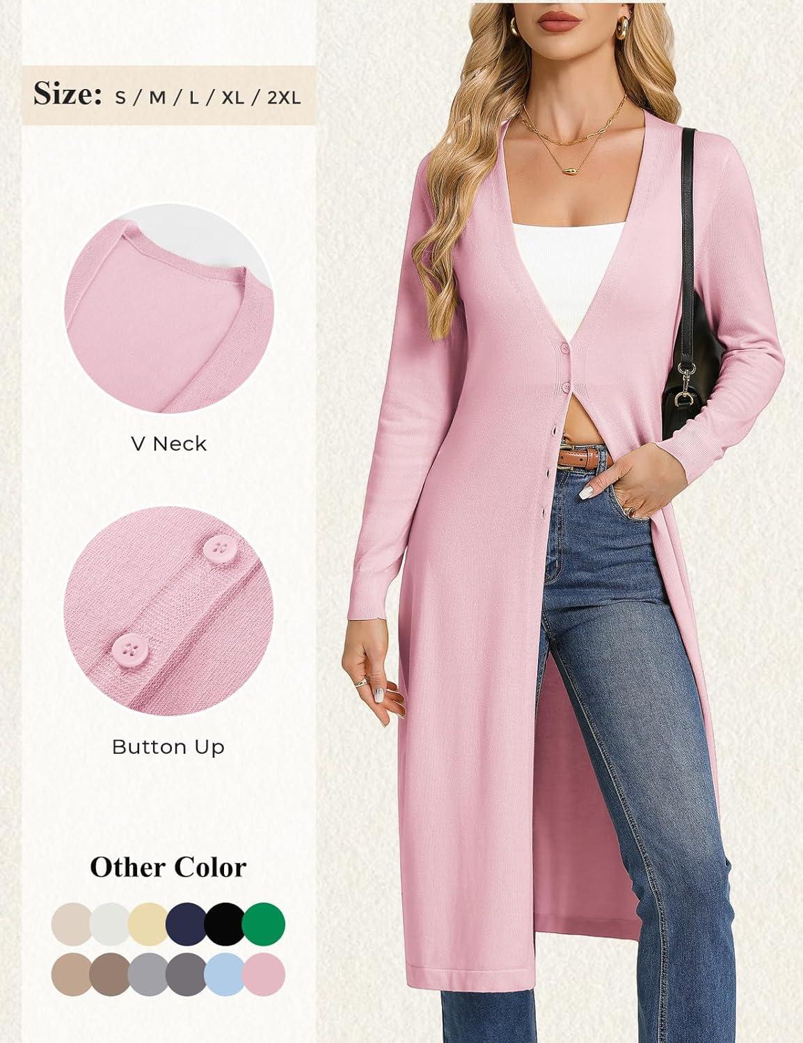 imageGRACE KARIN Womens Long Cardigan Trendy Lightweight Knit Dusters Coat V Neck Button Up Sweater Maxi DressPink