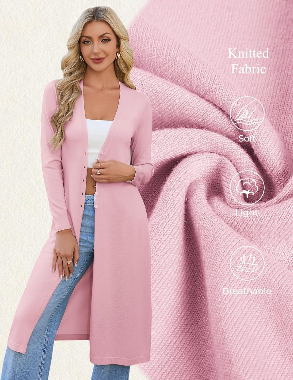 imageGRACE KARIN Womens Long Cardigan Trendy Lightweight Knit Dusters Coat V Neck Button Up Sweater Maxi DressPink