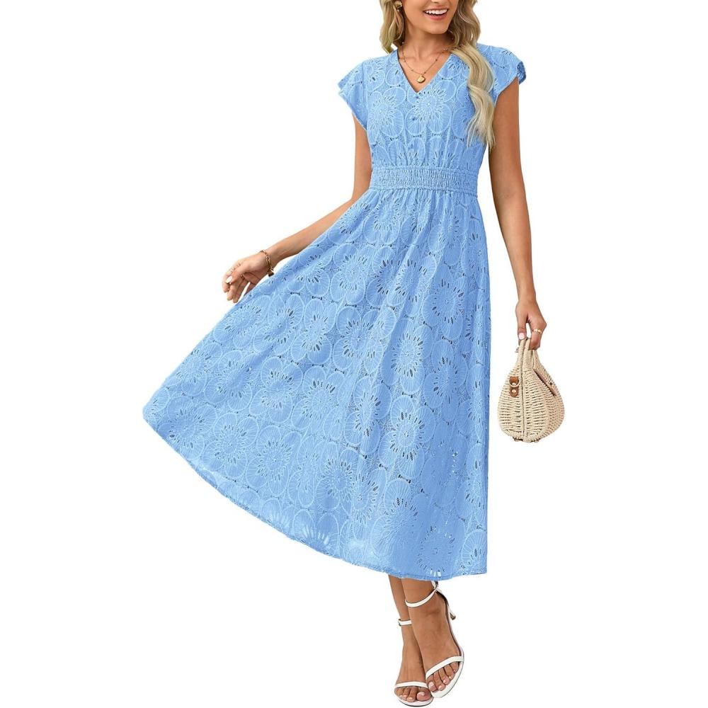 imageGRACE KARIN Women 2026 Summer Midi DressRuffle Sleeve V Neck Smocked Eyelet DressesFlowy A Line Beach Vacation DressesBlue