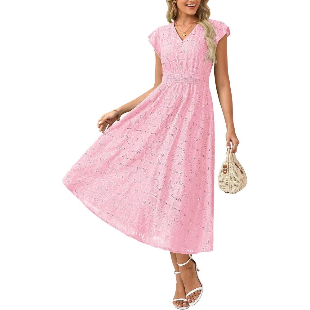 imageGRACE KARIN Women 2026 Summer Midi DressRuffle Sleeve V Neck Smocked Eyelet DressesFlowy A Line Beach Vacation DressesPink