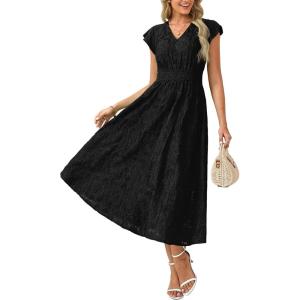 GRACE KARIN Women 2026 Summer Midi Dress,Ruffle Sleeve V Neck Smocked Eyelet Dresses,Flowy A Line Beach Vacation Dresses(Black)