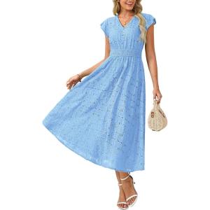GRACE KARIN Women 2026 Summer Midi Dress,Ruffle Sleeve V Neck Smocked Eyelet Dresses,Flowy A Line Beach Vacation Dresses(Blue)