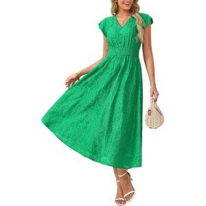 GRACE KARIN Women 2026 Summer Midi Dress,Ruffle Sleeve V Neck Smocked Eyelet Dresses,Flowy A Line Beach Vacation Dresses(Green)