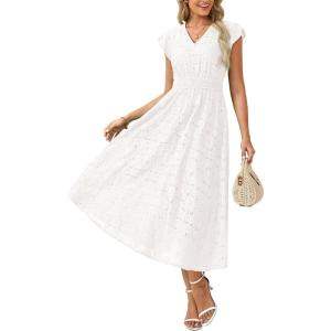 GRACE KARIN Women 2026 Summer Midi Dress,Ruffle Sleeve V Neck Smocked Eyelet Dresses,Flowy A Line Beach Vacation Dresses(White)