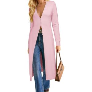 GRACE KARIN Womens Long Cardigan Trendy, Lightweight Knit Dusters Coat, V Neck Button Up Sweater Maxi Dress(Pink)