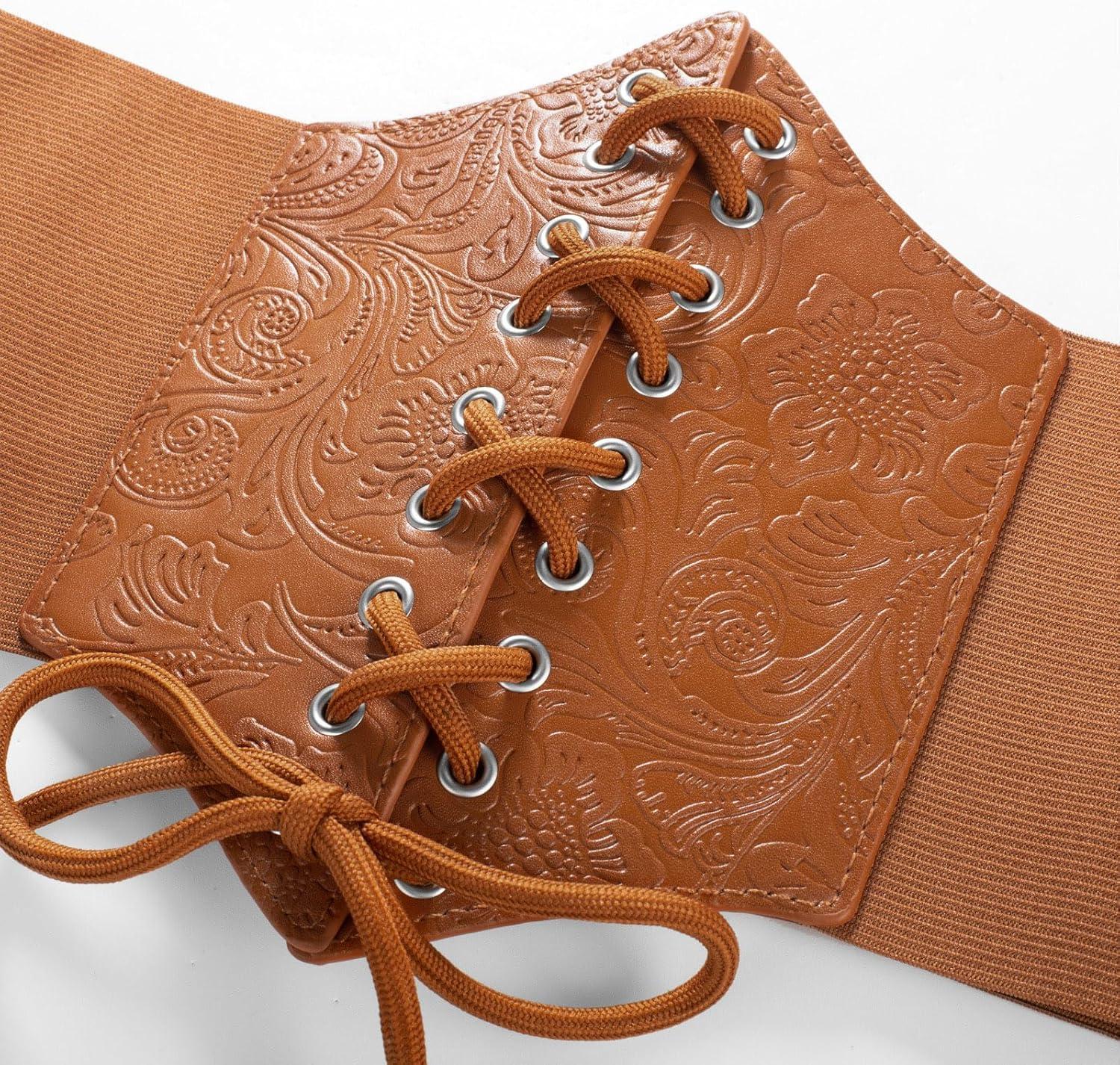 imageGRACE KARIN Laceup Cinch Belt Tied Corset Elastic Waist BeltBrownjacquard