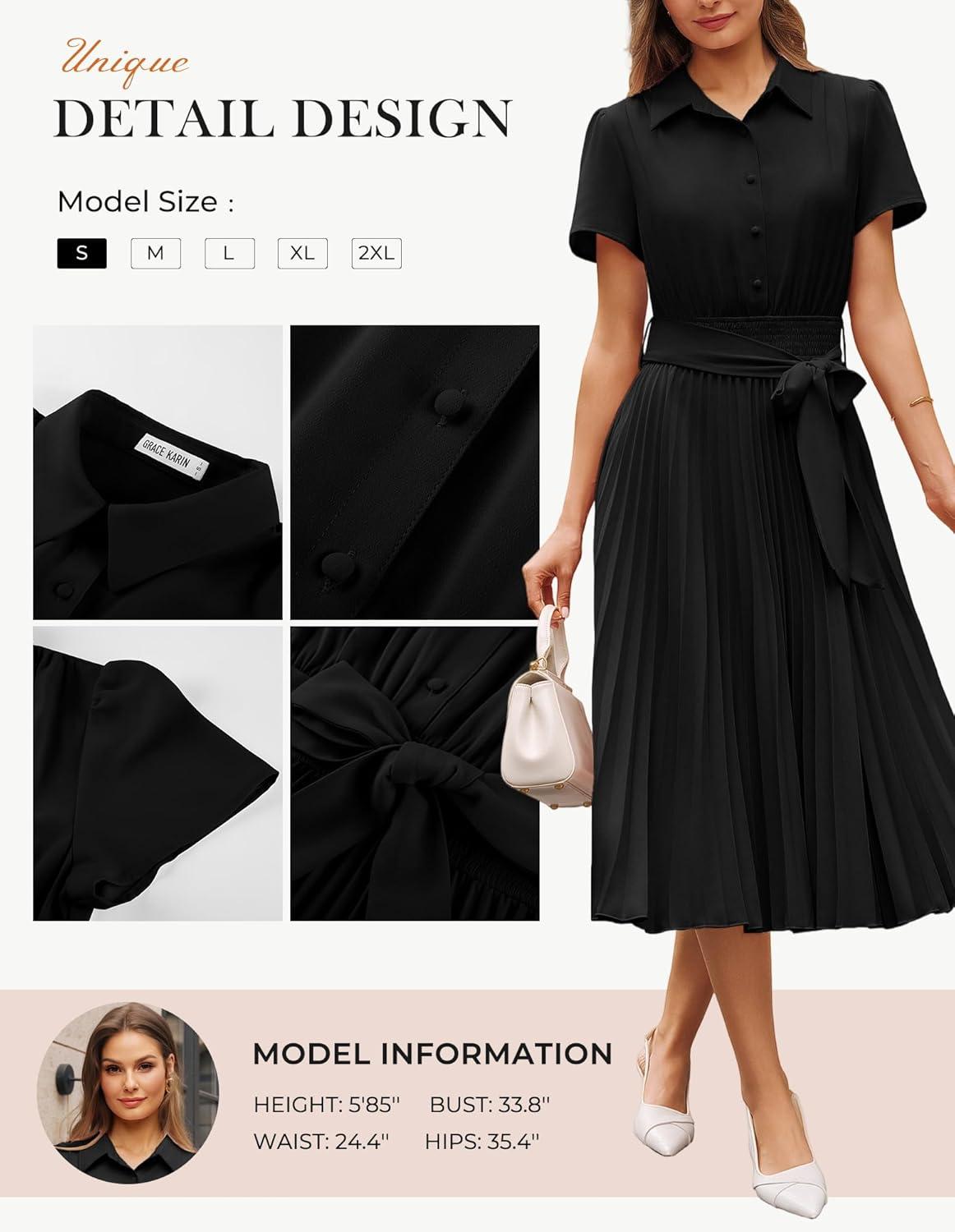imageGRACE KARIN Women 2026 Summer Business Shirt DressShort Sleeve Collared Neck Button Midi DressesPleated Casual DressesBlack
