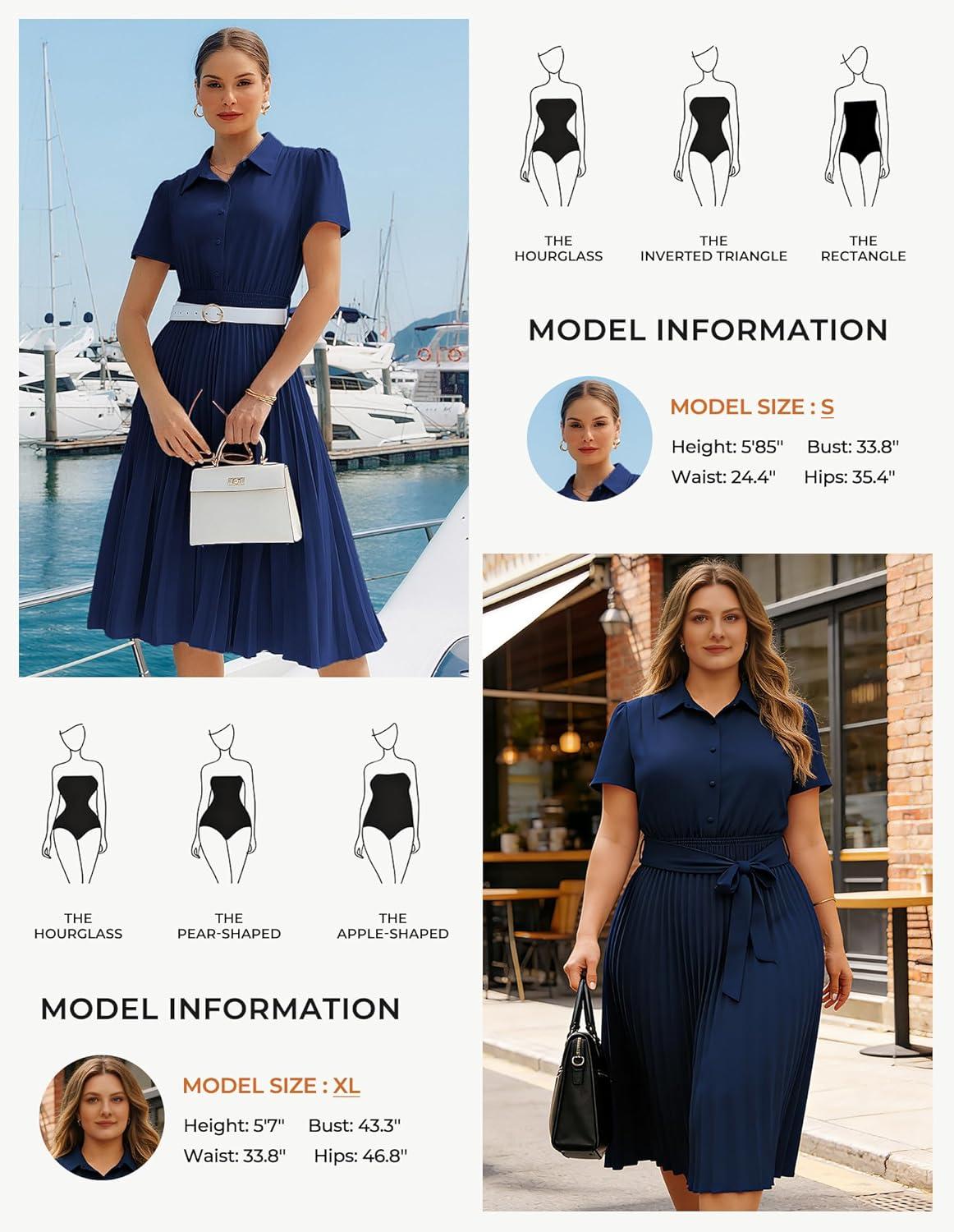 imageGRACE KARIN Women 2026 Summer Business Shirt DressShort Sleeve Collared Neck Button Midi DressesPleated Casual DressesNavy Blue
