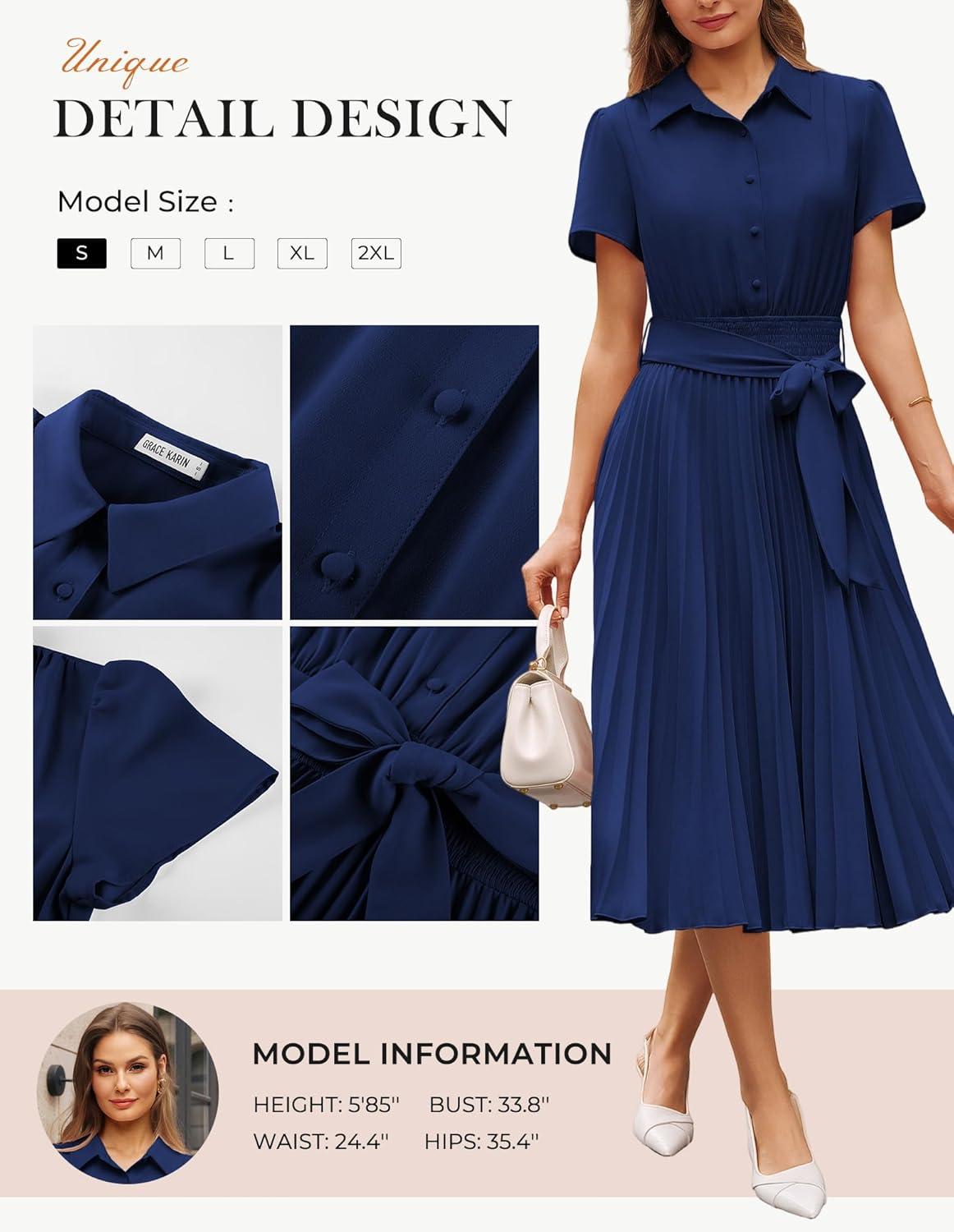 imageGRACE KARIN Women 2026 Summer Business Shirt DressShort Sleeve Collared Neck Button Midi DressesPleated Casual DressesNavy Blue