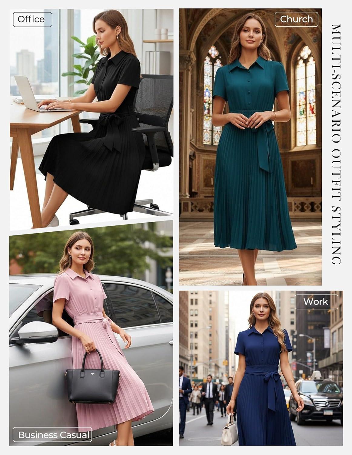 imageGRACE KARIN Women 2026 Summer Business Shirt DressShort Sleeve Collared Neck Button Midi DressesPleated Casual DressesPeacock Blue