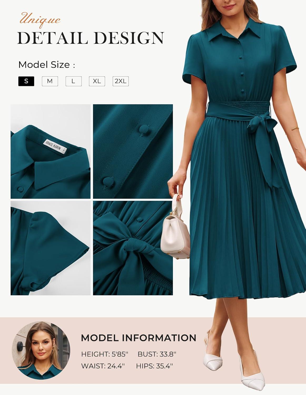 imageGRACE KARIN Women 2026 Summer Business Shirt DressShort Sleeve Collared Neck Button Midi DressesPleated Casual DressesPeacock Blue