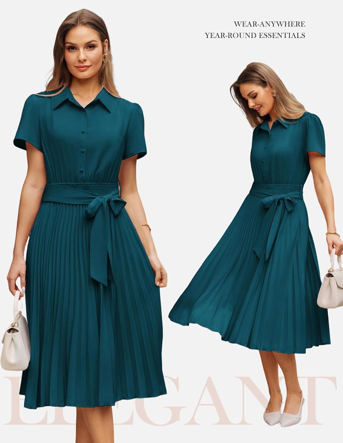 imageGRACE KARIN Women 2026 Summer Business Shirt DressShort Sleeve Collared Neck Button Midi DressesPleated Casual DressesPeacock Blue