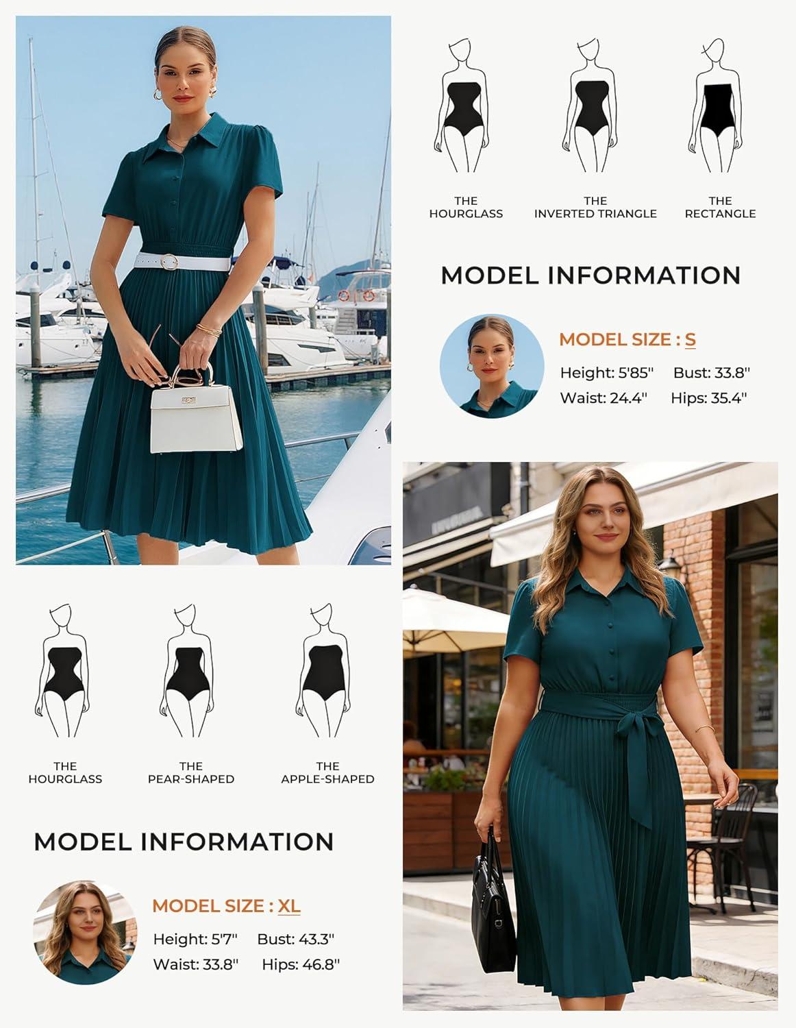 imageGRACE KARIN Women 2026 Summer Business Shirt DressShort Sleeve Collared Neck Button Midi DressesPleated Casual DressesPeacock Blue