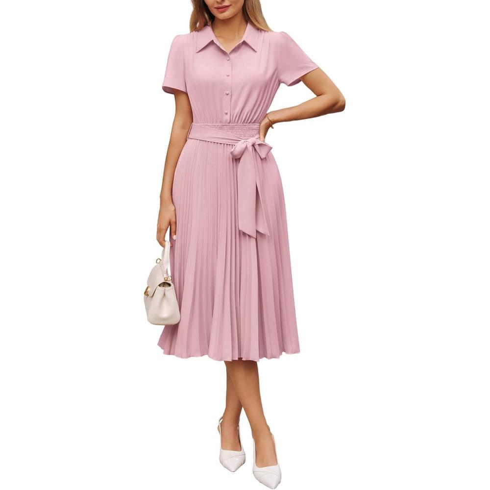 imageGRACE KARIN Women 2026 Summer Business Shirt DressShort Sleeve Collared Neck Button Midi DressesPleated Casual DressesLight Pink