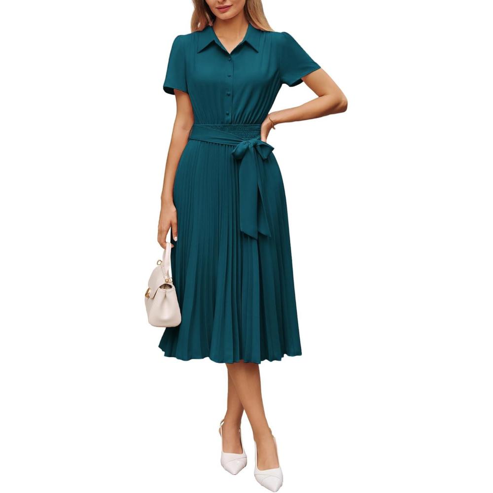 imageGRACE KARIN Women 2026 Summer Business Shirt DressShort Sleeve Collared Neck Button Midi DressesPleated Casual DressesPeacock Blue