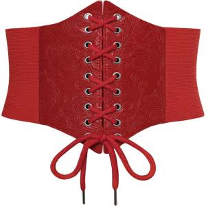 GRACE KARIN Lace-up Cinch Belt Tied Corset Elastic Waist Belt(Red-jacquard)