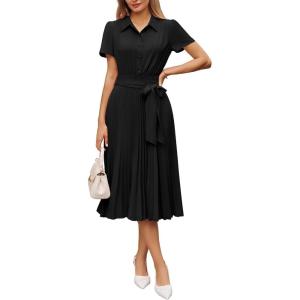 GRACE KARIN Women 2026 Summer Business Shirt Dress,Short Sleeve Collared Neck Button Midi Dresses,Pleated Casual Dresses(Black)
