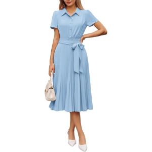 GRACE KARIN Women 2026 Summer Business Shirt Dress,Short Sleeve Collared Neck Button Midi Dresses,Pleated Casual Dresses(Light Blue)