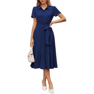 GRACE KARIN Women 2026 Summer Business Shirt Dress,Short Sleeve Collared Neck Button Midi Dresses,Pleated Casual Dresses(Navy Blue)