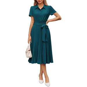 GRACE KARIN Women 2026 Summer Business Shirt Dress,Short Sleeve Collared Neck Button Midi Dresses,Pleated Casual Dresses(Peacock Blue)