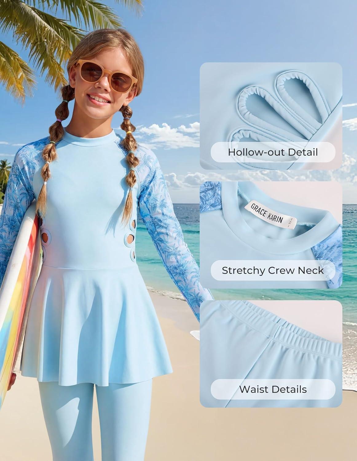 imageGRACE KARIN Girls Long Sleeve Swimsuit 3 Pieces Rash Guard Set Bathing Suits for Teens Size 714Blue Coconut Trees