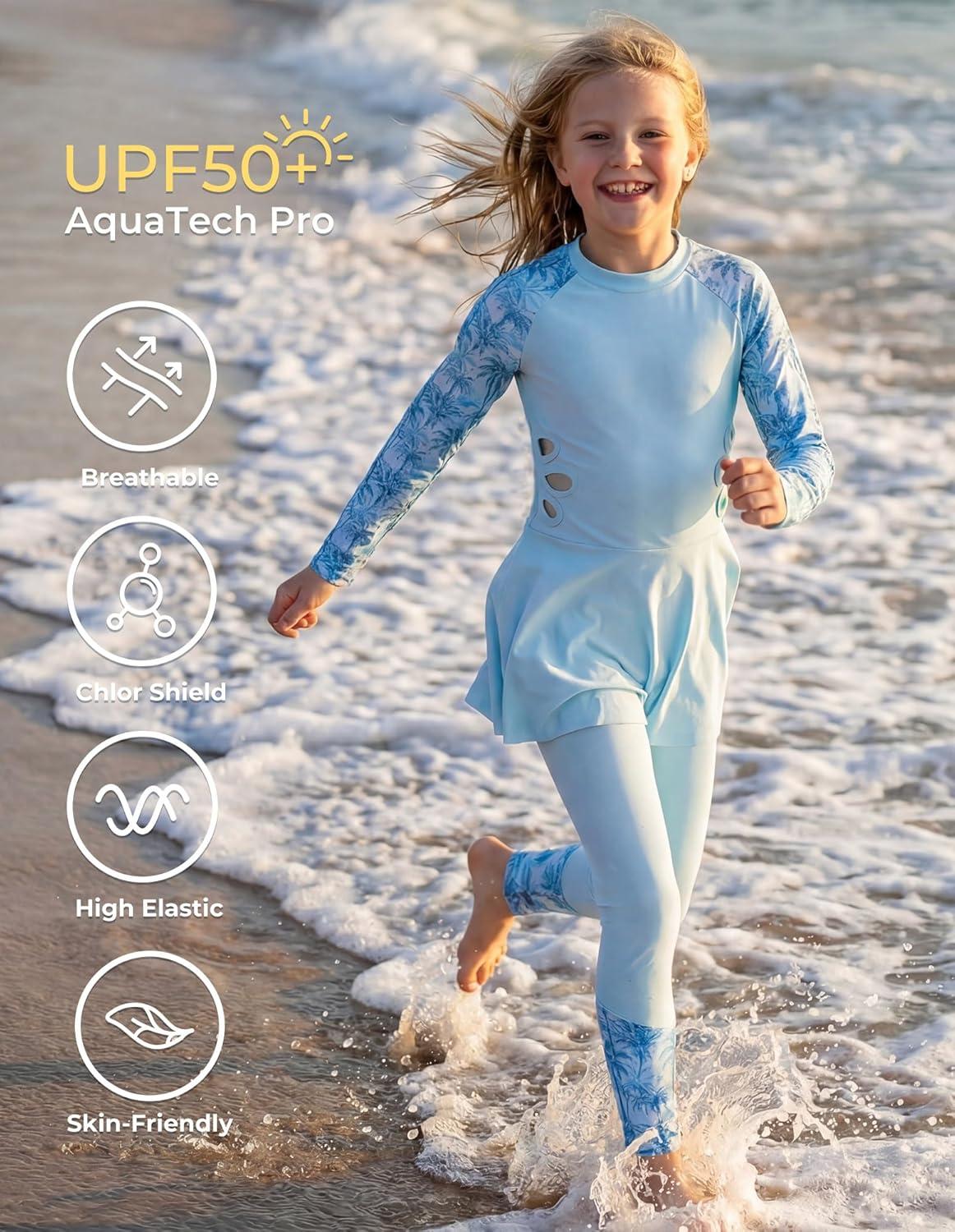 imageGRACE KARIN Girls Long Sleeve Swimsuit 3 Pieces Rash Guard Set Bathing Suits for Teens Size 714Blue Coconut Trees
