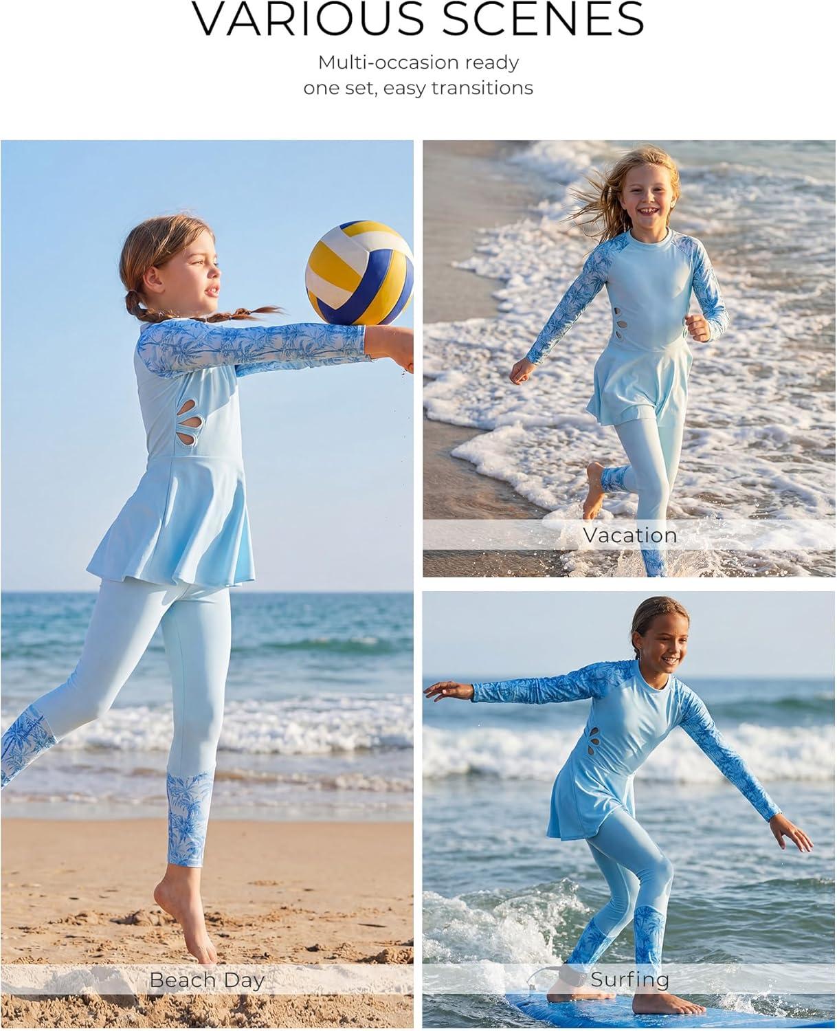 imageGRACE KARIN Girls Long Sleeve Swimsuit 3 Pieces Rash Guard Set Bathing Suits for Teens Size 714Blue Coconut Trees