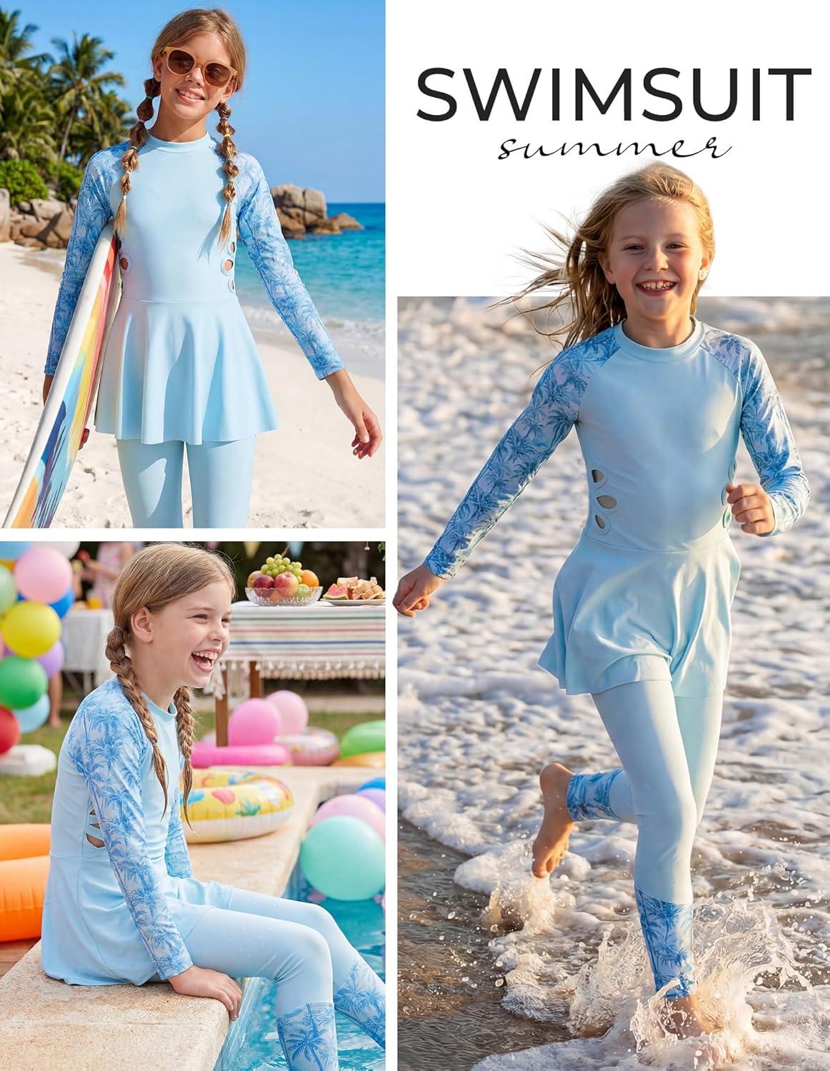 imageGRACE KARIN Girls Long Sleeve Swimsuit 3 Pieces Rash Guard Set Bathing Suits for Teens Size 714Blue Coconut Trees