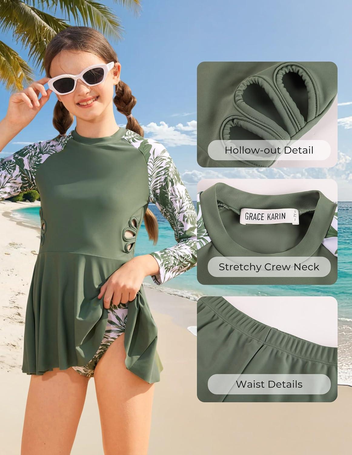 imageGRACE KARIN Girls Long Sleeve Swimsuit 3 Pieces Rash Guard Set Bathing Suits for Teens Size 714Green Floral