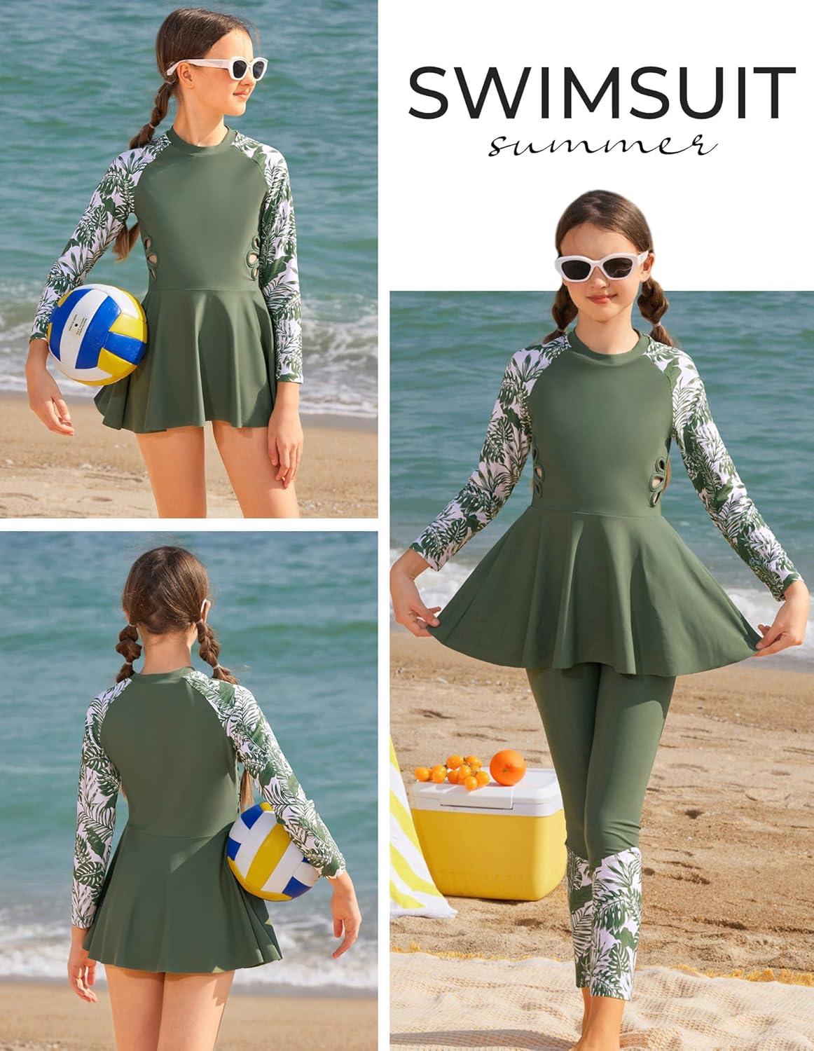 imageGRACE KARIN Girls Long Sleeve Swimsuit 3 Pieces Rash Guard Set Bathing Suits for Teens Size 714Green Floral
