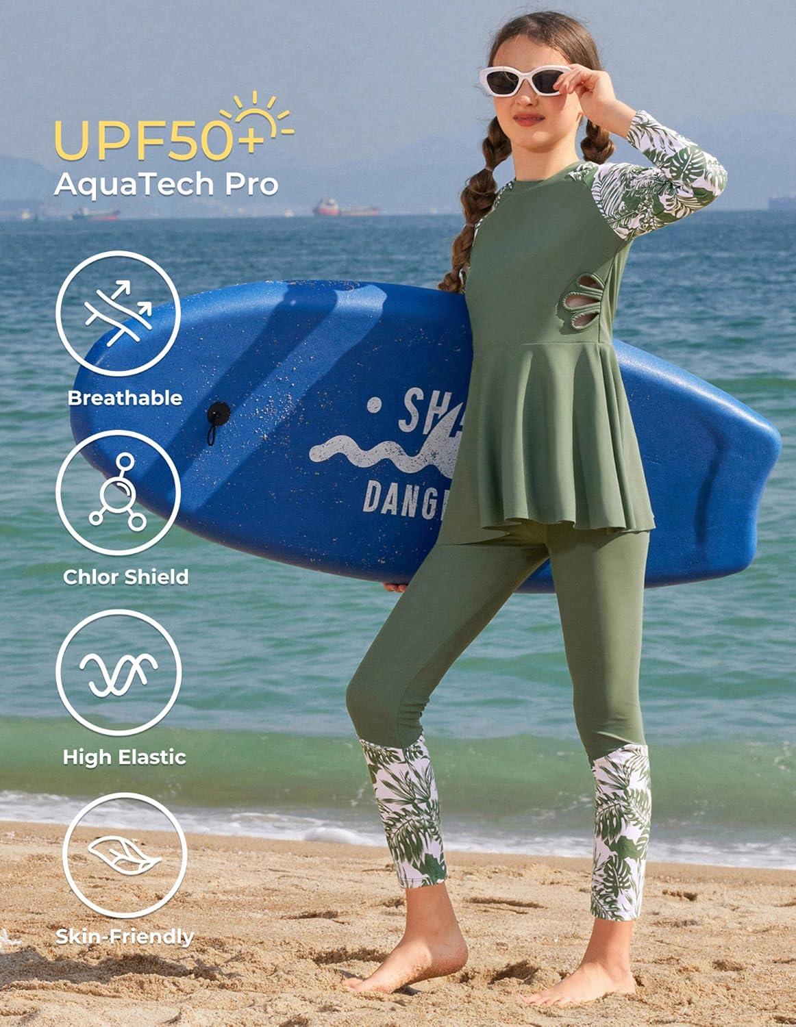 imageGRACE KARIN Girls Long Sleeve Swimsuit 3 Pieces Rash Guard Set Bathing Suits for Teens Size 714Green Floral