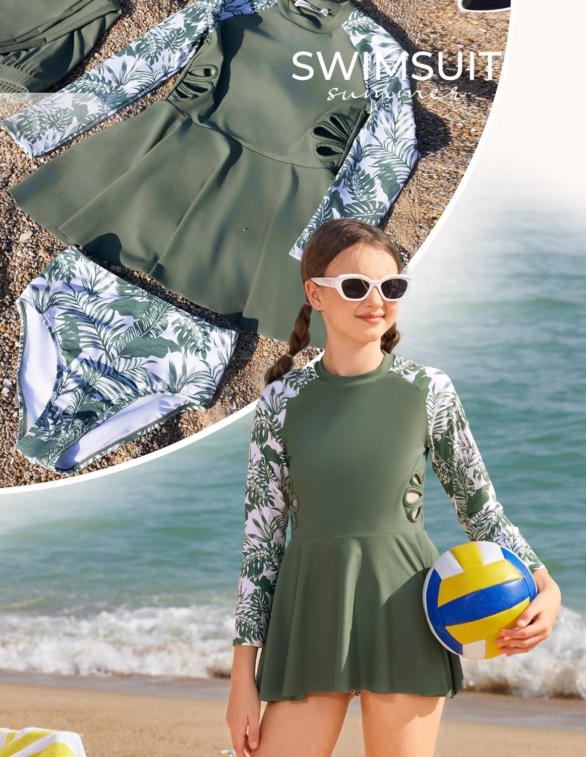 imageGRACE KARIN Girls Long Sleeve Swimsuit 3 Pieces Rash Guard Set Bathing Suits for Teens Size 714Green Floral