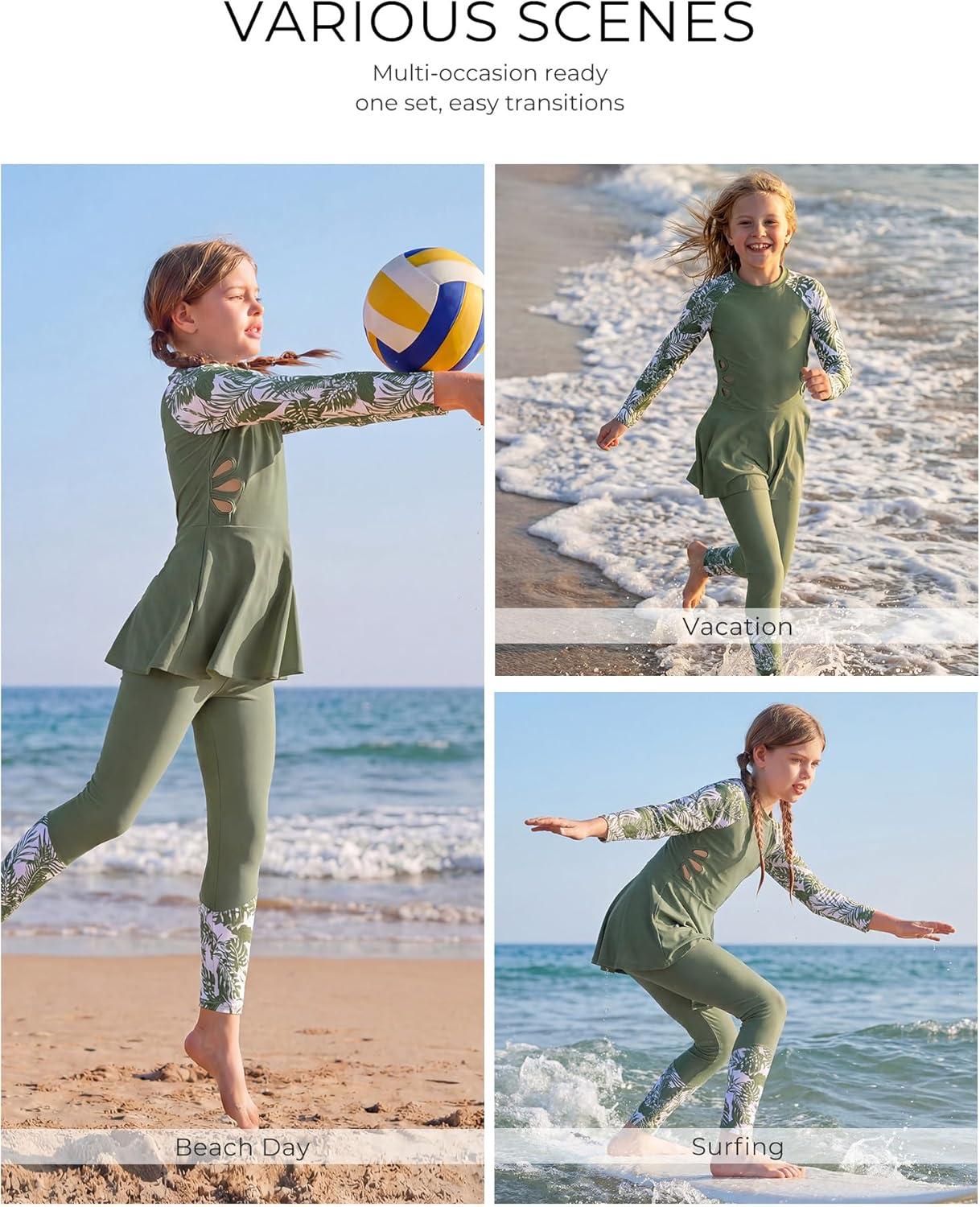 imageGRACE KARIN Girls Long Sleeve Swimsuit 3 Pieces Rash Guard Set Bathing Suits for Teens Size 714Green Floral