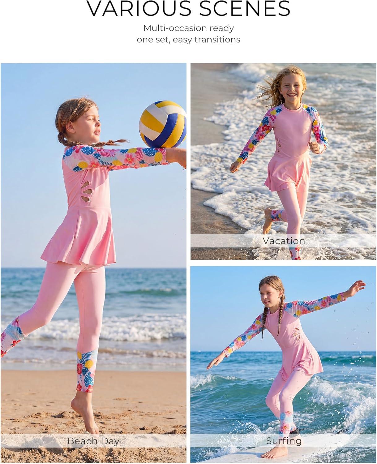 imageGRACE KARIN Girls Long Sleeve Swimsuit 3 Pieces Rash Guard Set Bathing Suits for Teens Size 714Pink Flower