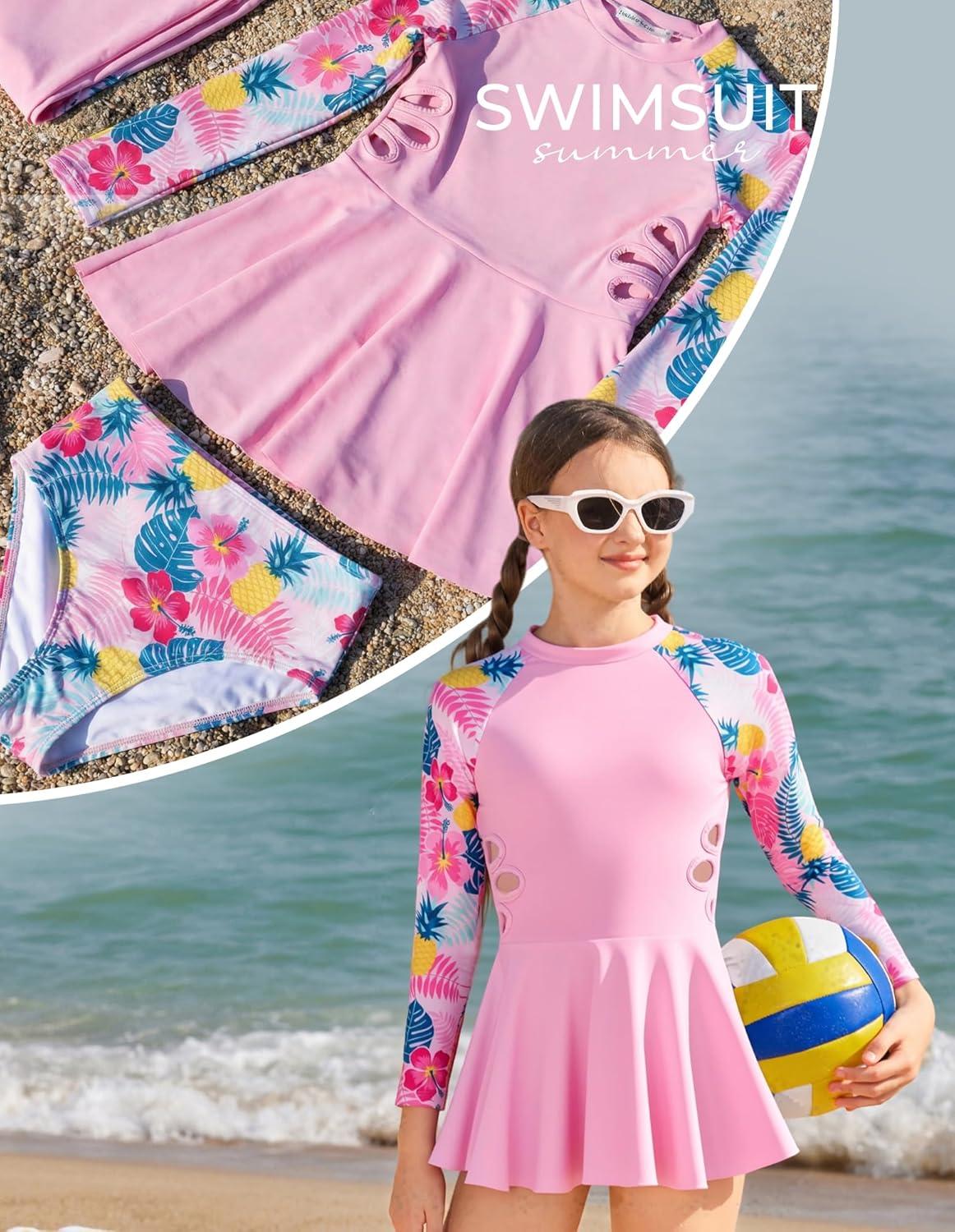 imageGRACE KARIN Girls Long Sleeve Swimsuit 3 Pieces Rash Guard Set Bathing Suits for Teens Size 714Pink Flower