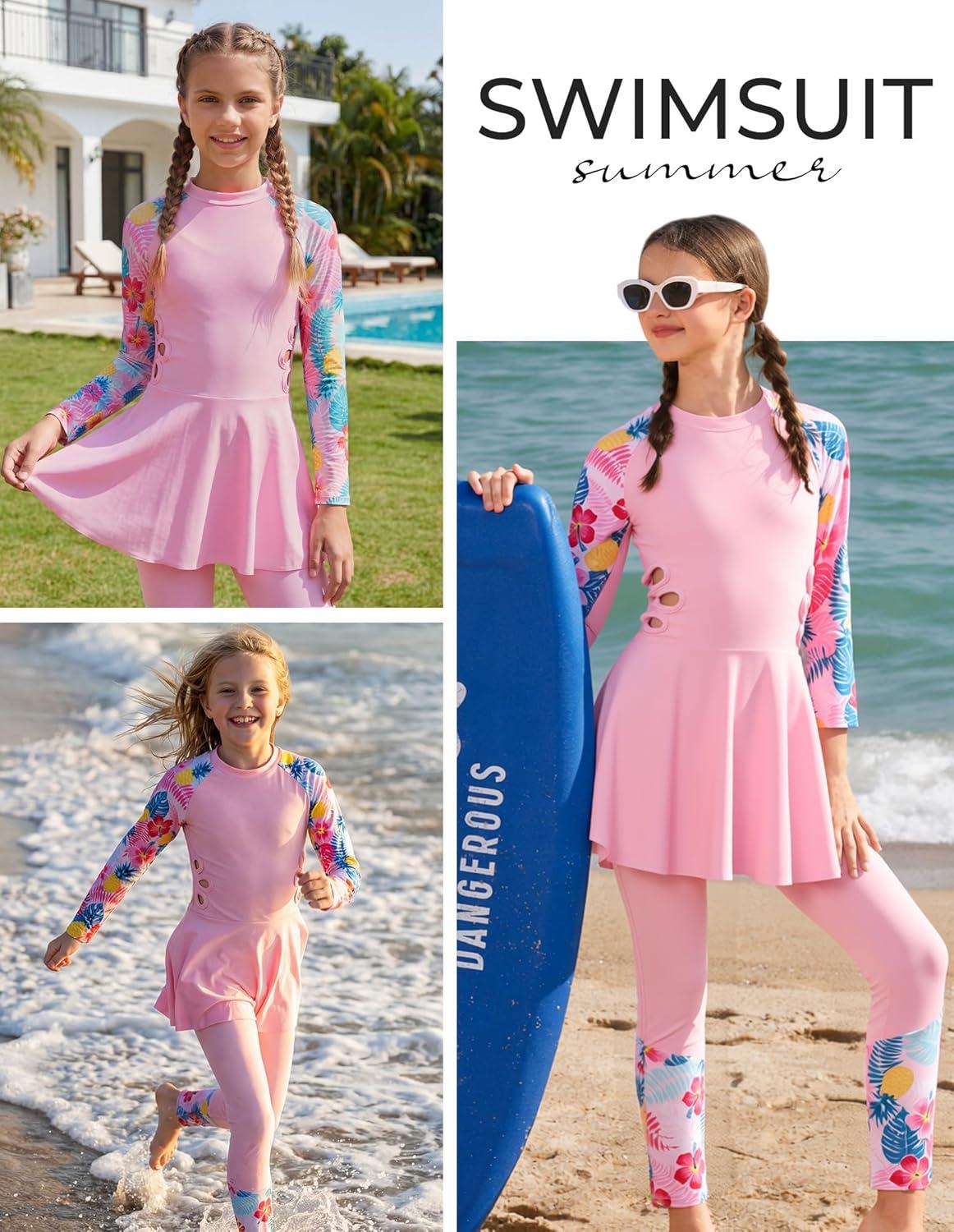 imageGRACE KARIN Girls Long Sleeve Swimsuit 3 Pieces Rash Guard Set Bathing Suits for Teens Size 714Pink Flower