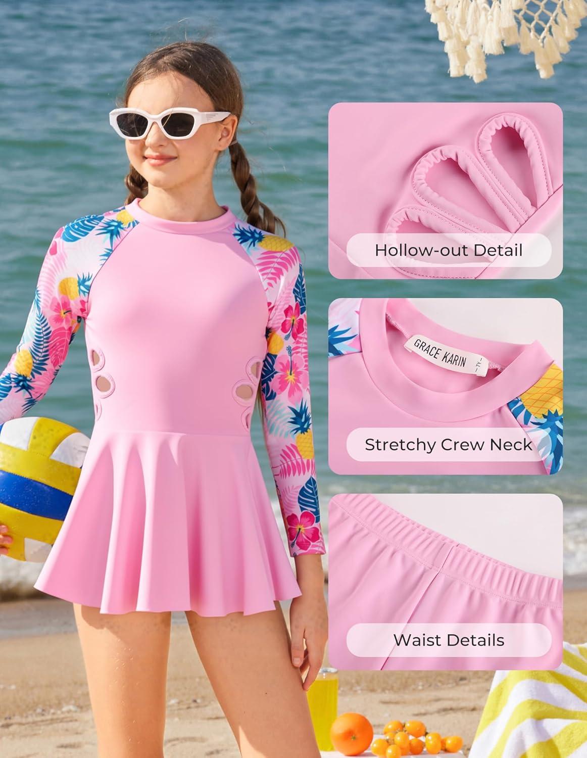 imageGRACE KARIN Girls Long Sleeve Swimsuit 3 Pieces Rash Guard Set Bathing Suits for Teens Size 714Pink Flower