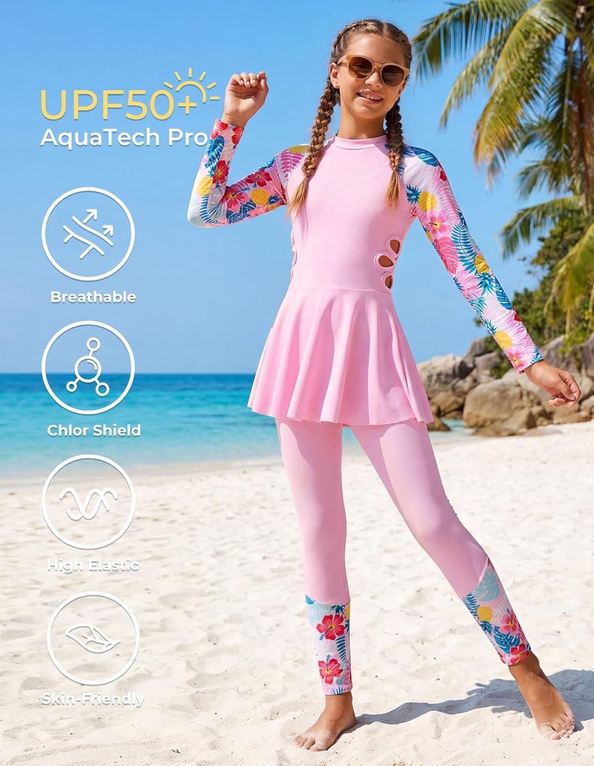 imageGRACE KARIN Girls Long Sleeve Swimsuit 3 Pieces Rash Guard Set Bathing Suits for Teens Size 714Pink Flower