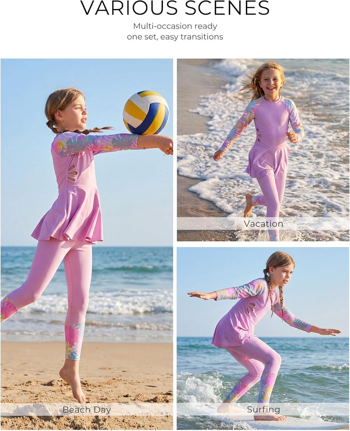 imageGRACE KARIN Girls Long Sleeve Swimsuit 3 Pieces Rash Guard Set Bathing Suits for Teens Size 714Purple Flower