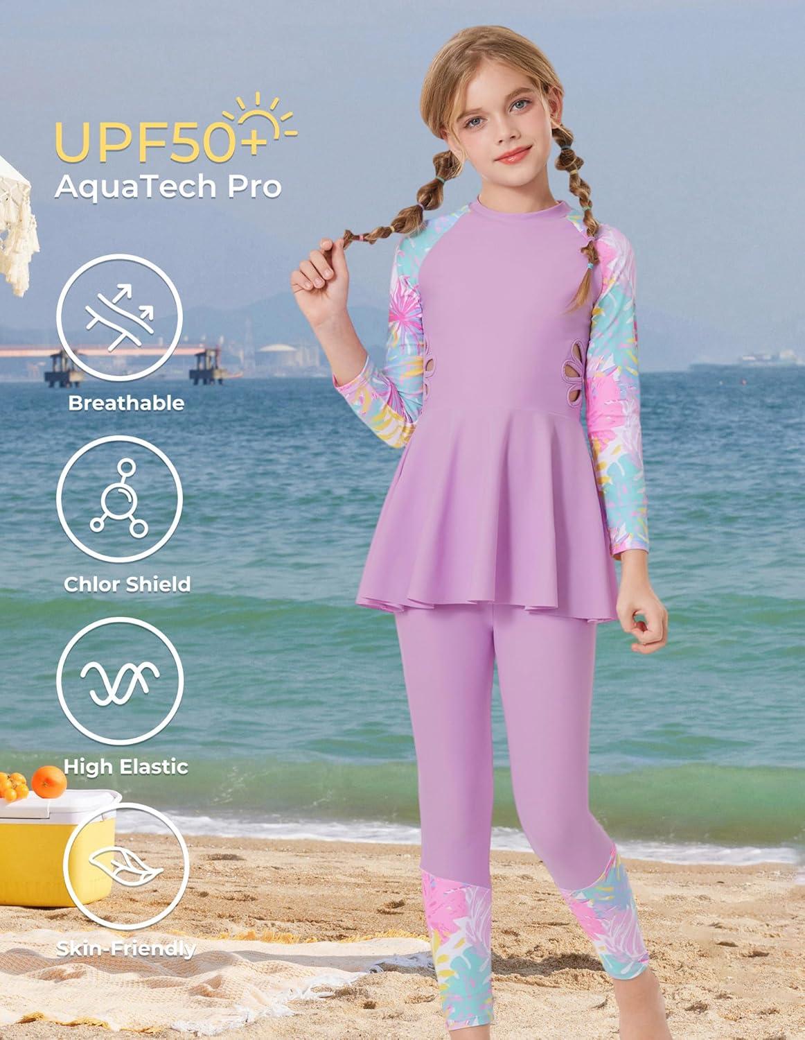 imageGRACE KARIN Girls Long Sleeve Swimsuit 3 Pieces Rash Guard Set Bathing Suits for Teens Size 714Purple Flower