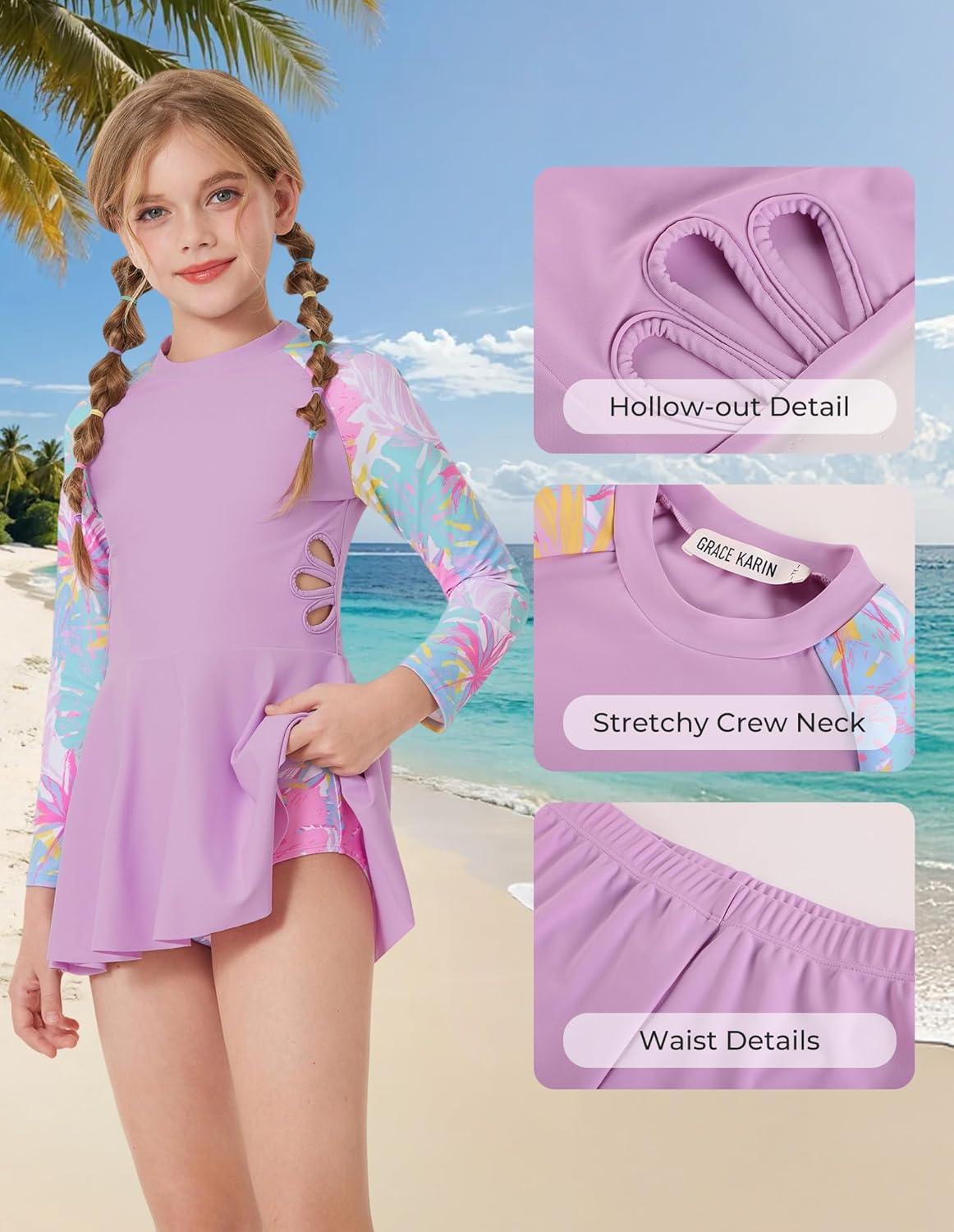imageGRACE KARIN Girls Long Sleeve Swimsuit 3 Pieces Rash Guard Set Bathing Suits for Teens Size 714Purple Flower