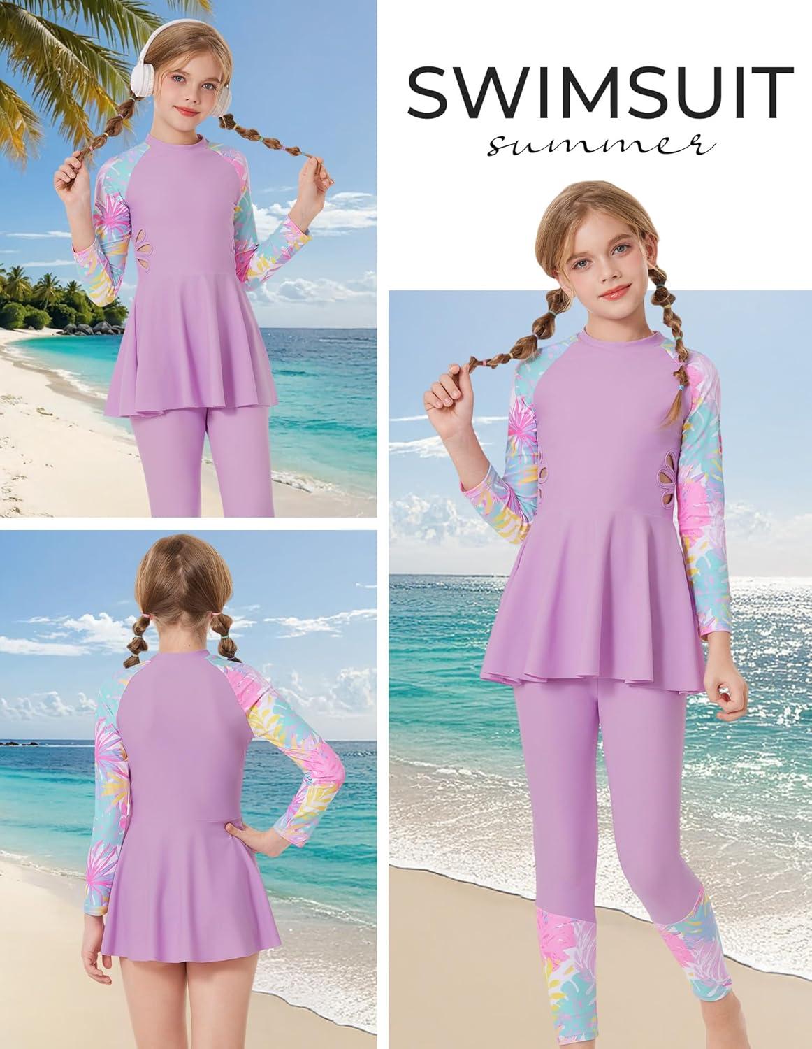 imageGRACE KARIN Girls Long Sleeve Swimsuit 3 Pieces Rash Guard Set Bathing Suits for Teens Size 714Purple Flower