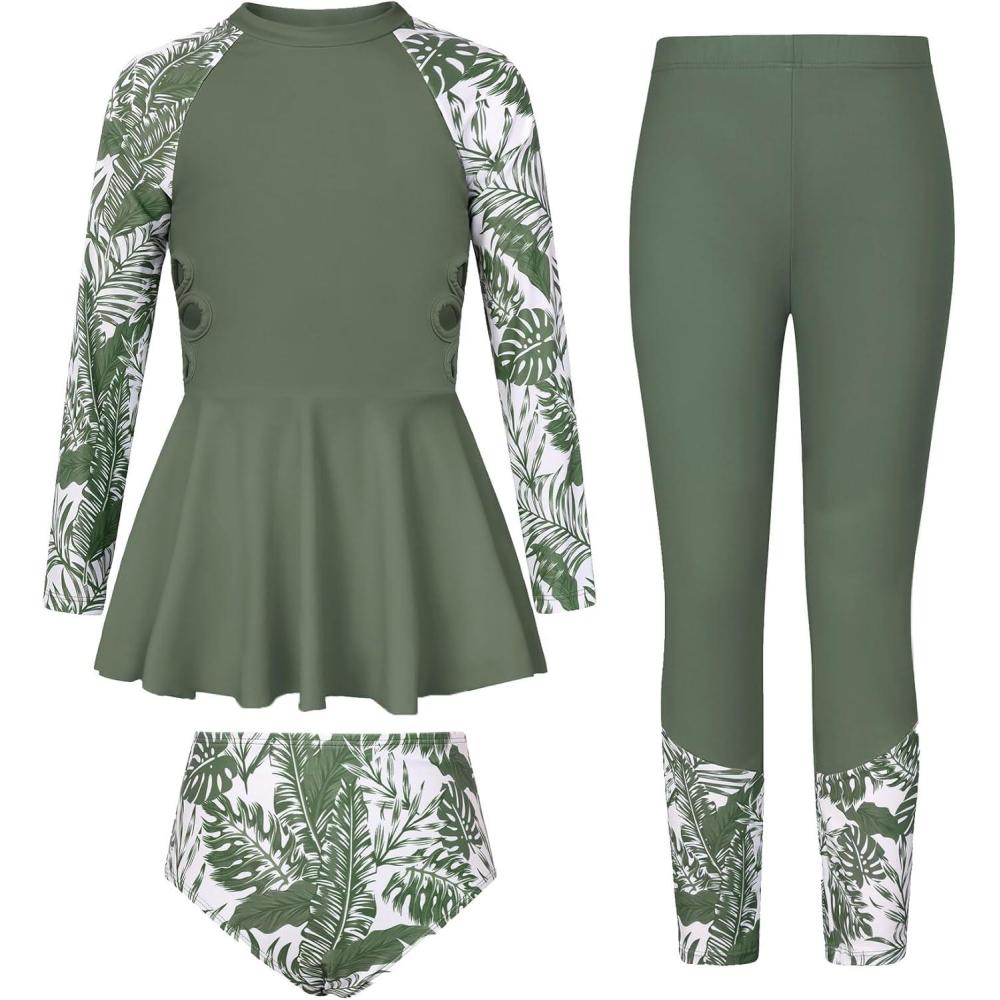 imageGRACE KARIN Girls Long Sleeve Swimsuit 3 Pieces Rash Guard Set Bathing Suits for Teens Size 714Green Floral