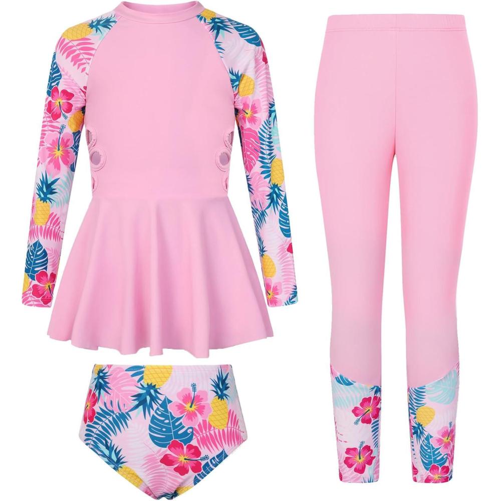 imageGRACE KARIN Girls Long Sleeve Swimsuit 3 Pieces Rash Guard Set Bathing Suits for Teens Size 714Pink Flower