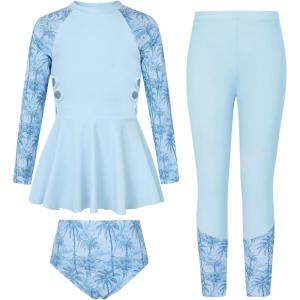 GRACE KARIN Girls Long Sleeve Swimsuit 3 Pieces Rash Guard Set Bathing Suits for Teens Size 7-14(Blue Coconut Trees)