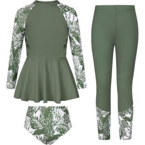 GRACE KARIN Girls Long Sleeve Swimsuit 3 Pieces Rash Guard Set Bathing Suits for Teens Size 7-14(Green Floral)
