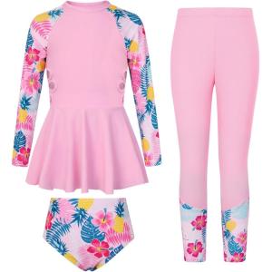 GRACE KARIN Girls Long Sleeve Swimsuit 3 Pieces Rash Guard Set Bathing Suits for Teens Size 7-14(Pink Flower)