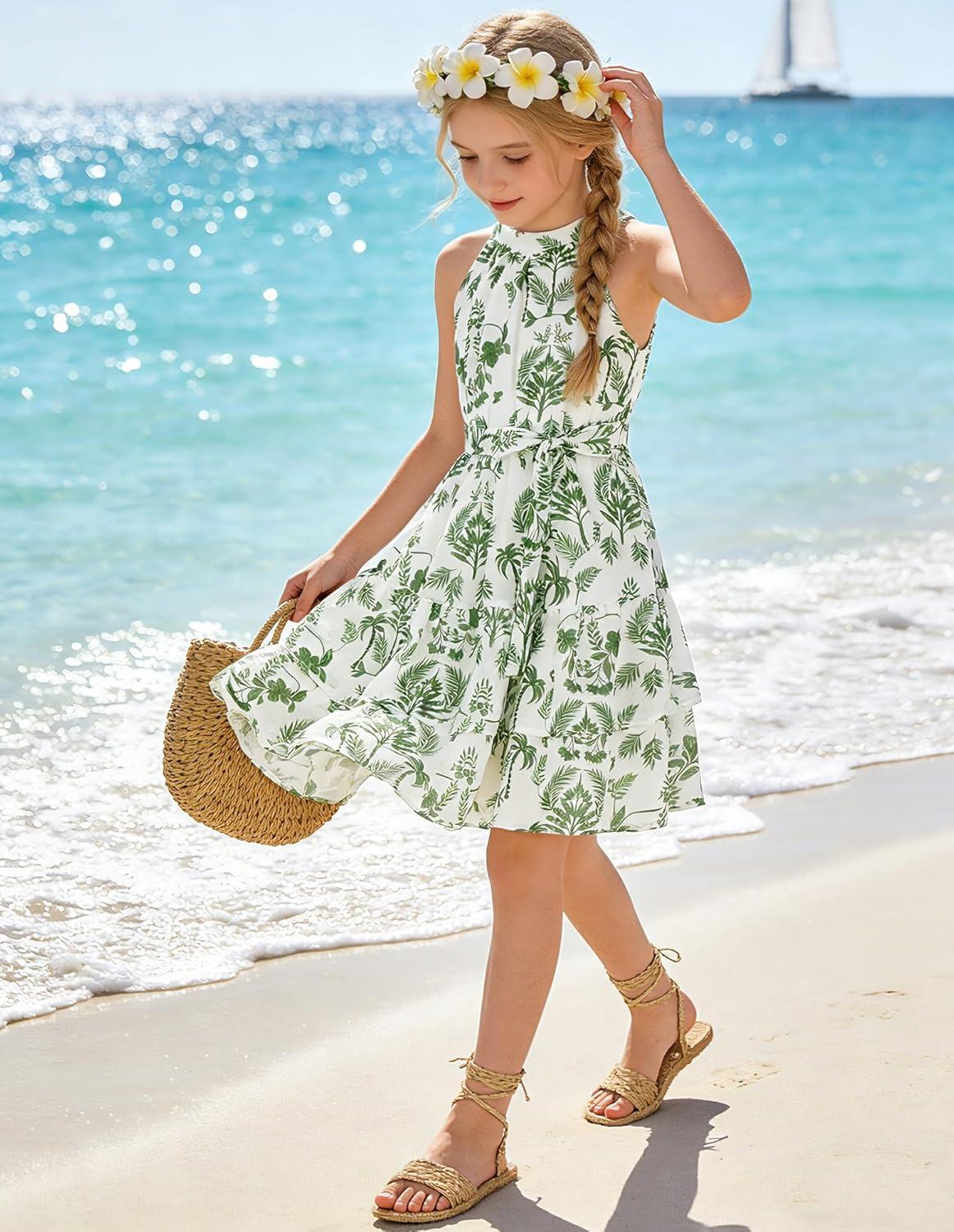 imageGRACE KARIN Girls Summer Beach Dress Floral Hawaiian Halter Chiffon Party Wedding Vacation Sundress 714YGreen