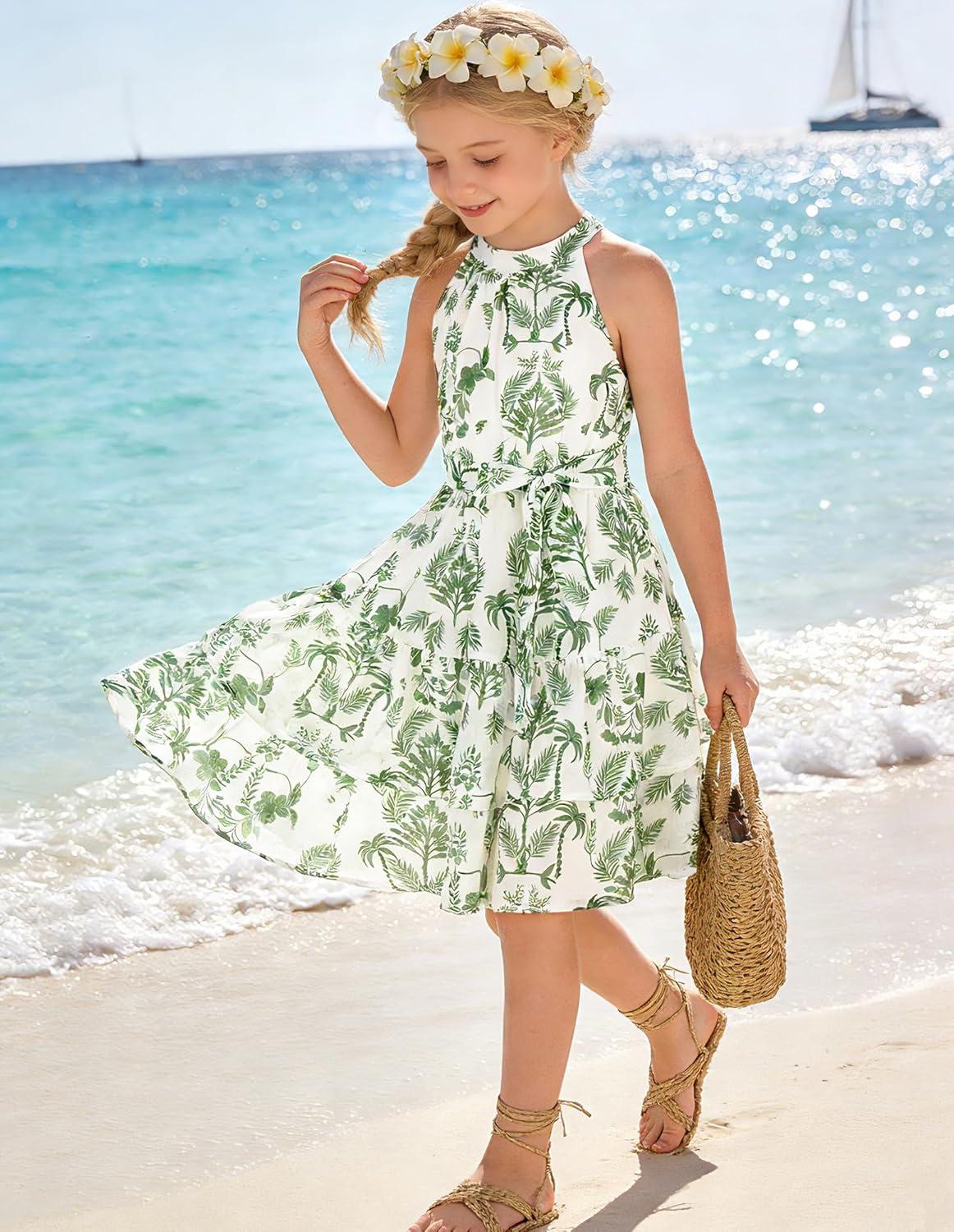 imageGRACE KARIN Girls Summer Beach Dress Floral Hawaiian Halter Chiffon Party Wedding Vacation Sundress 714YGreen