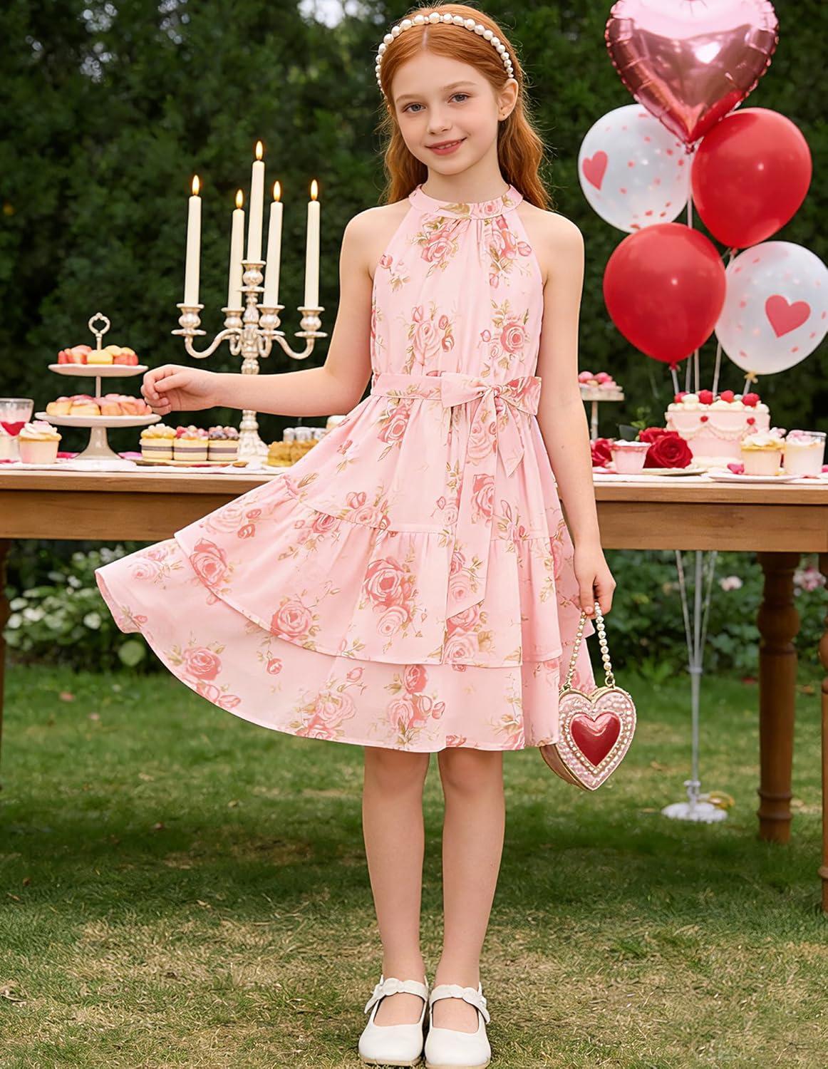 imageGRACE KARIN Girls Summer Beach Dress Floral Hawaiian Halter Chiffon Party Wedding Vacation Sundress 714YPink